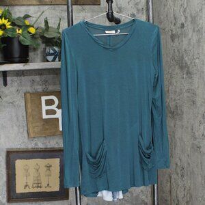 LOGO by Lori Goldstein Knit Long Sleeve Colorblock Shirt Top Blue Green XS